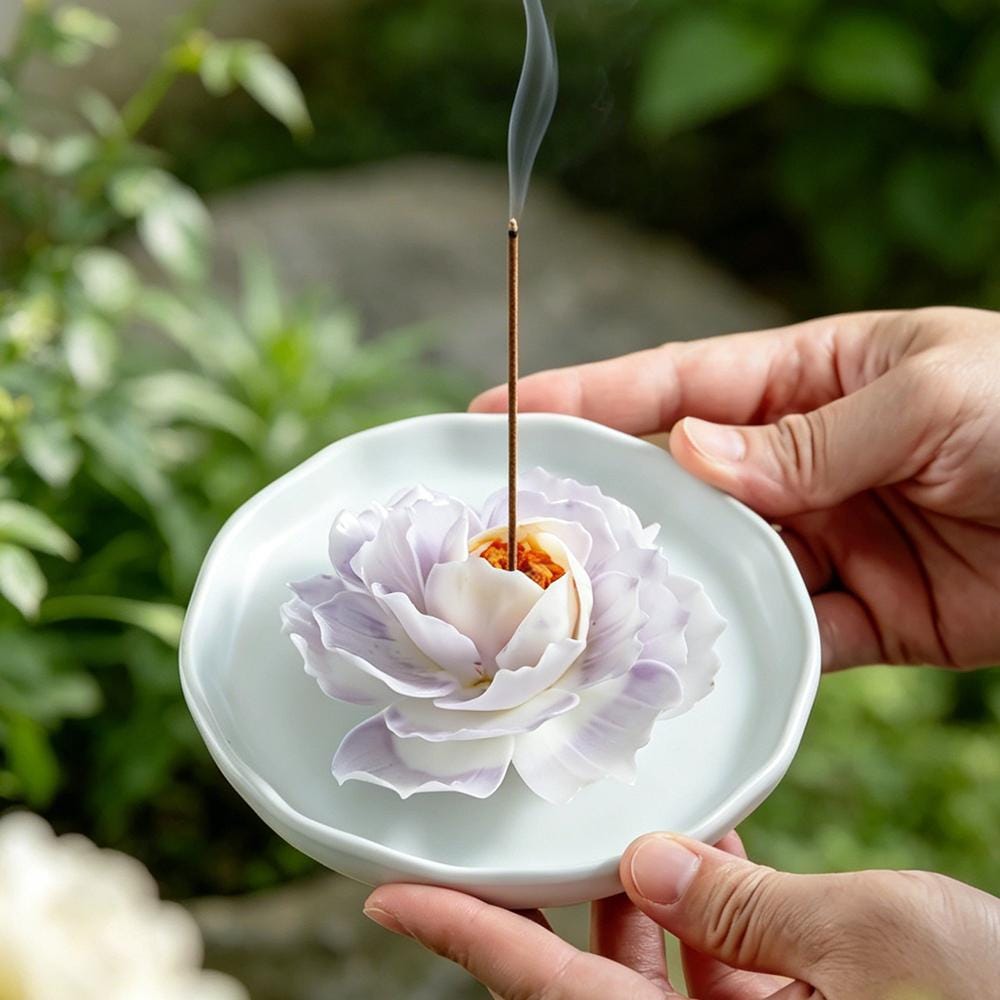 Handmade White Porcelain Peony Incense Holder with Tray product photo 8