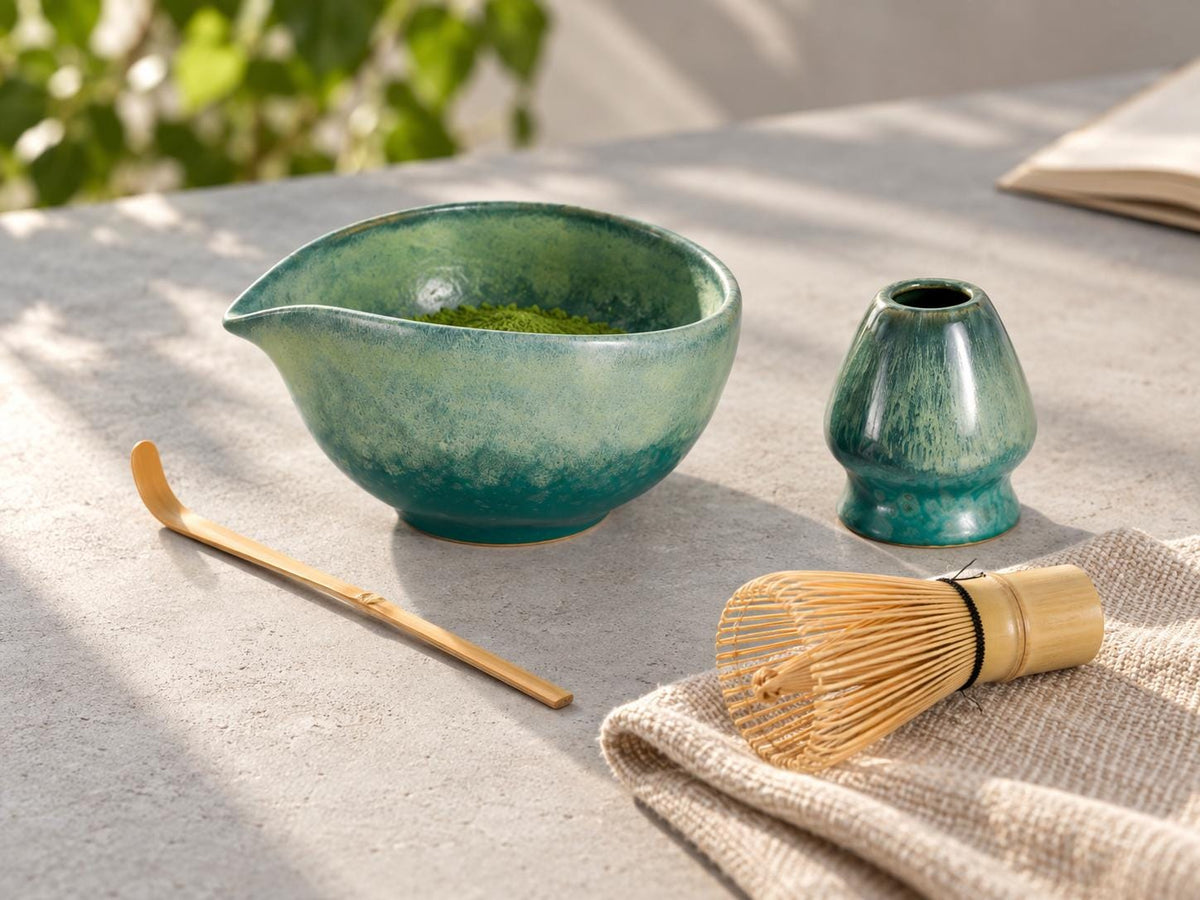 Jade Teal Flow Glaze Matcha Bowl Set product photo 8