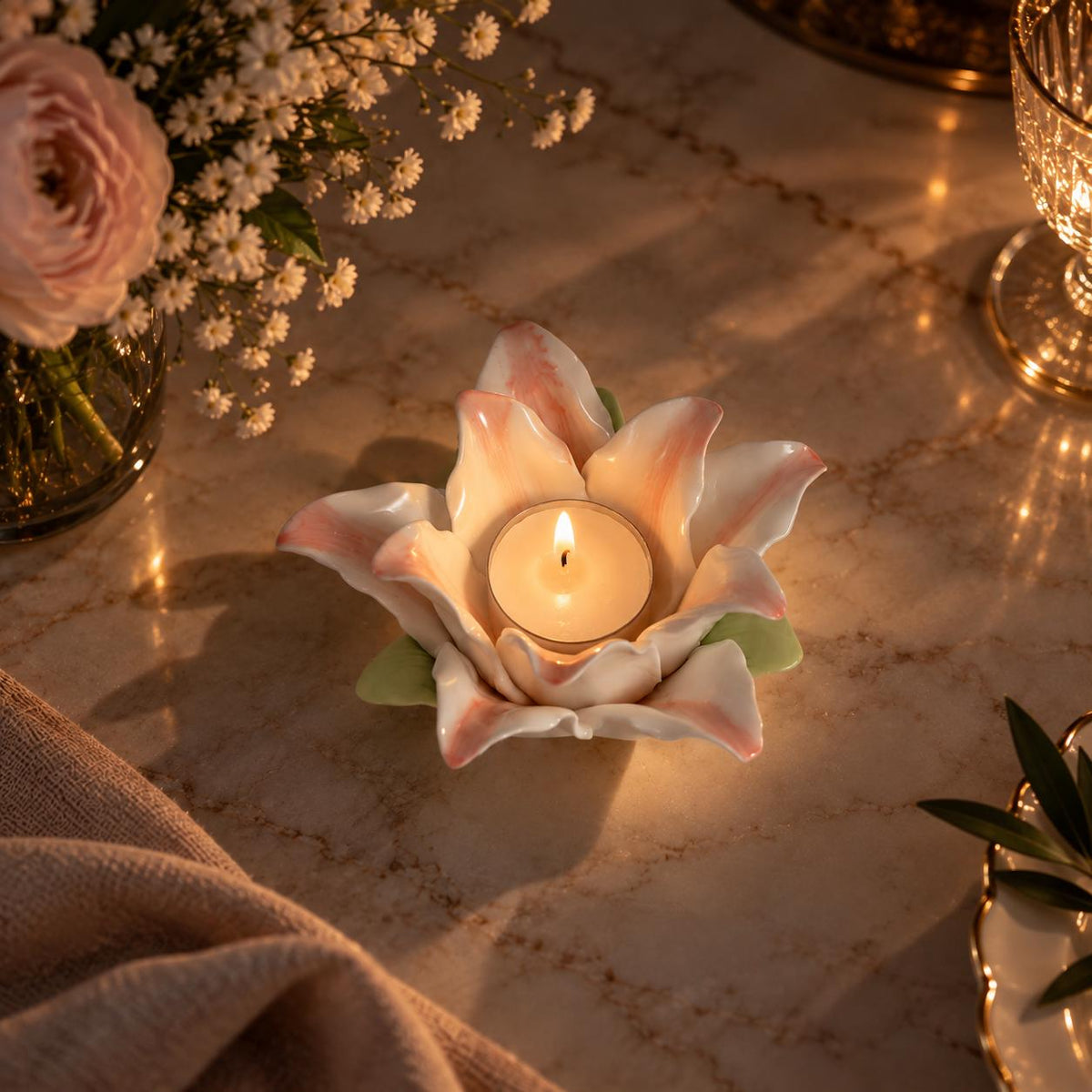 Handmade Pink and White Ceramic Lily Flower Candle Holder product photo 8