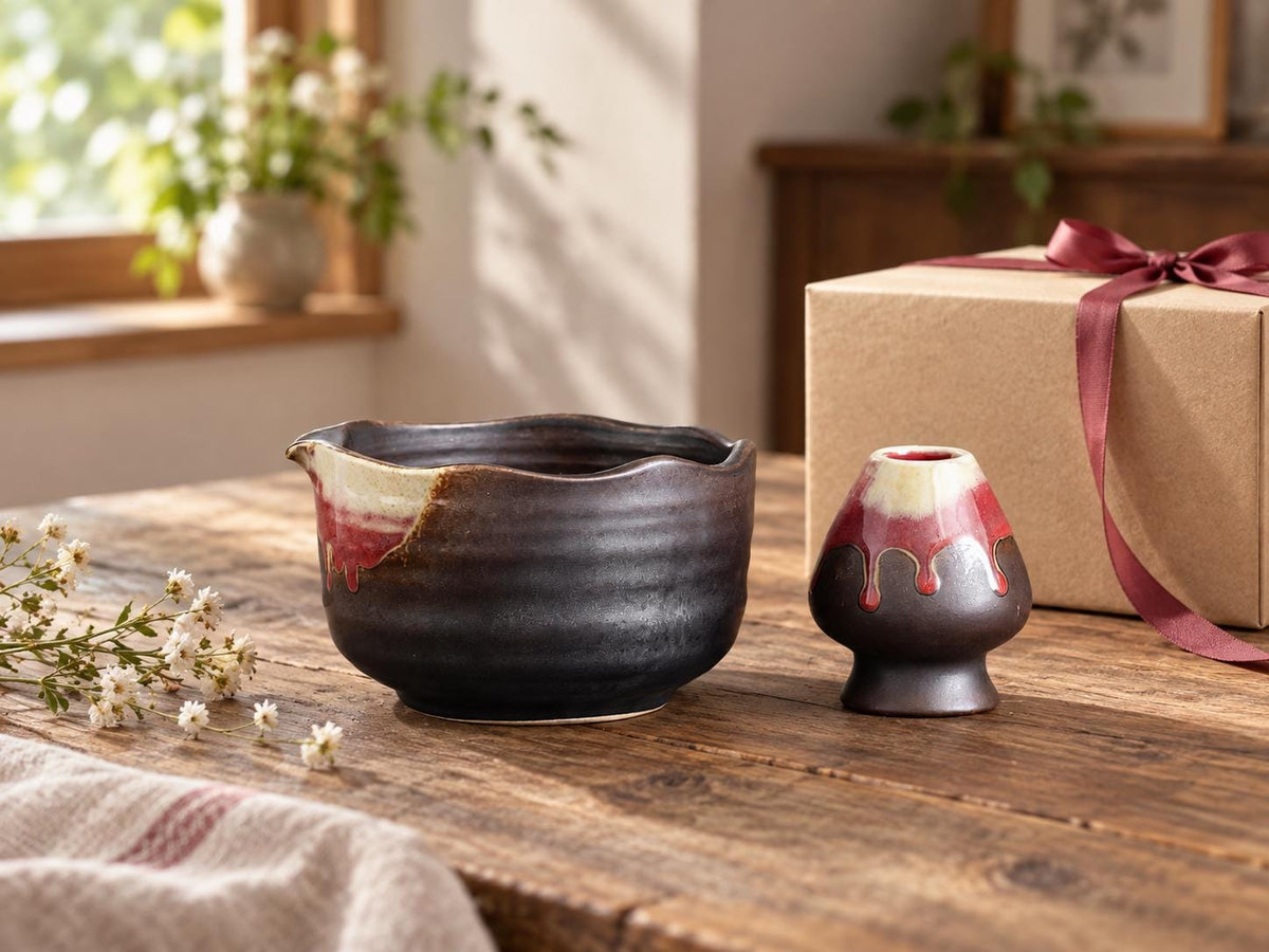 Black Red Natural Glaze Matcha Bowl Set product photo 8