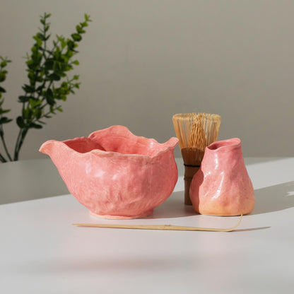 Handmade Watermelon Pink Matte Chawan & Organic Whisk Holder - Wabi-Sabi Japanese Ceramic - Zen Tea Ceremony Gift
