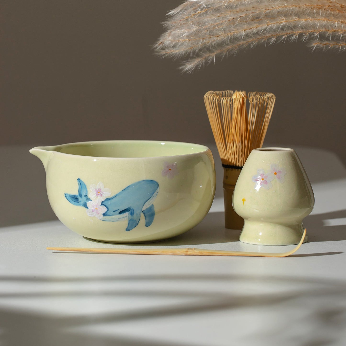 Hand Painted Whale and Cherry blossom Matcha Gift Set Sakura Matcha Bowl with Chasen Holder Perfect Gift for Matcha Lovers