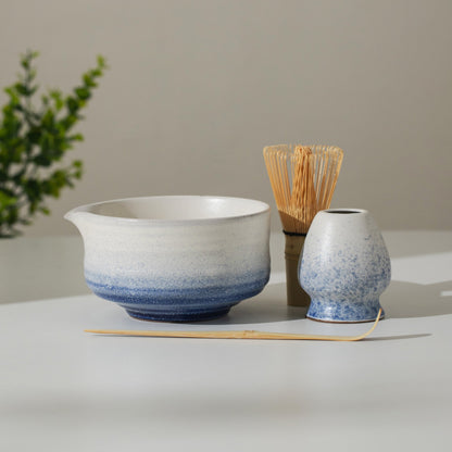 Handmade Ceramic Glacial Sea Matcha Bowl with Chashen Holder, Blue Matcha Gift Set of 4 Gift Ideas