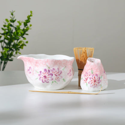 Handmade Irregular Gradient Pink and White Matcha Bowl Hand Painted Sakura Matcha Kit Purple Cherry Blossom Tea Ceremony