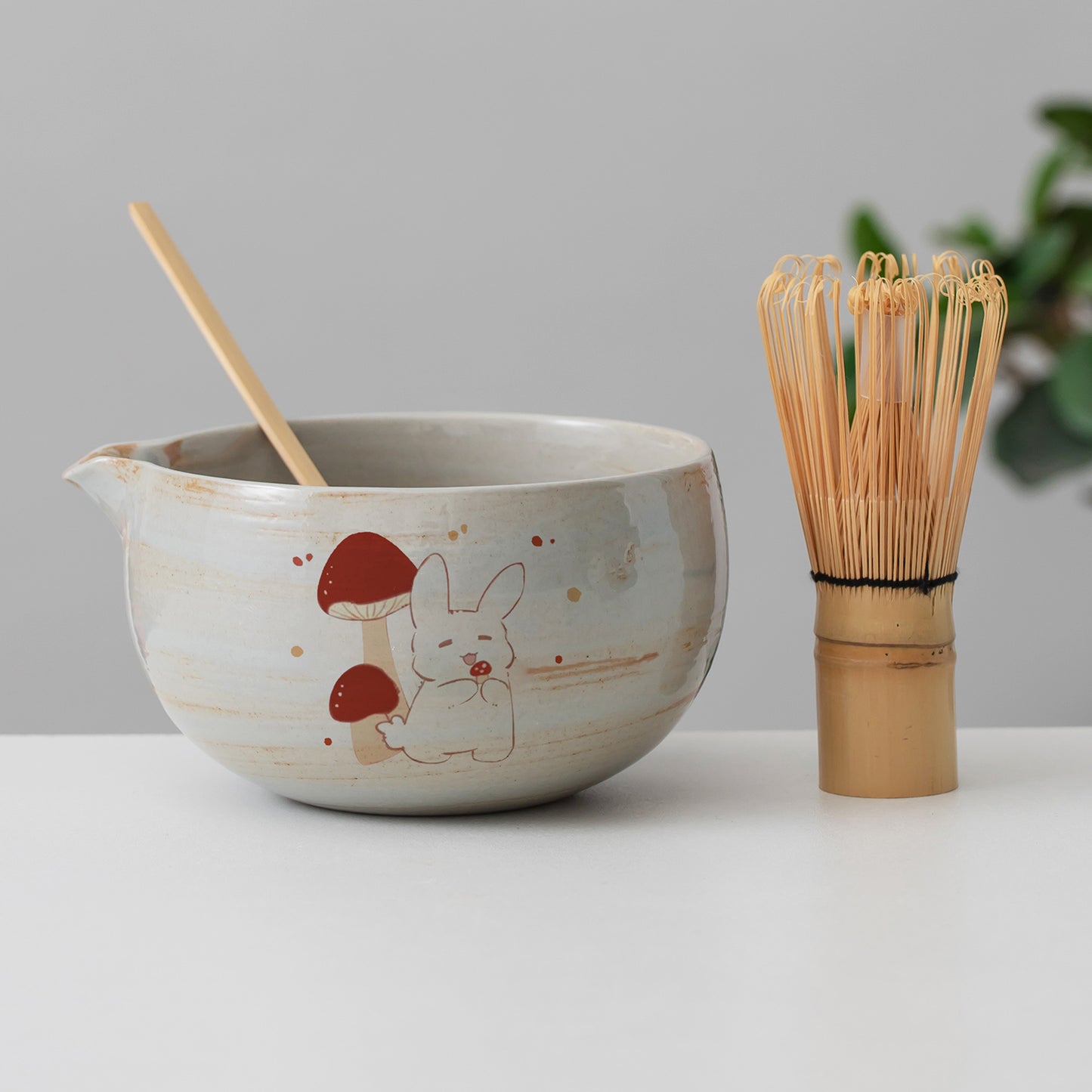 Bunny Mushroom Ceramic Matcha Set with Bowl and Chasen Holder