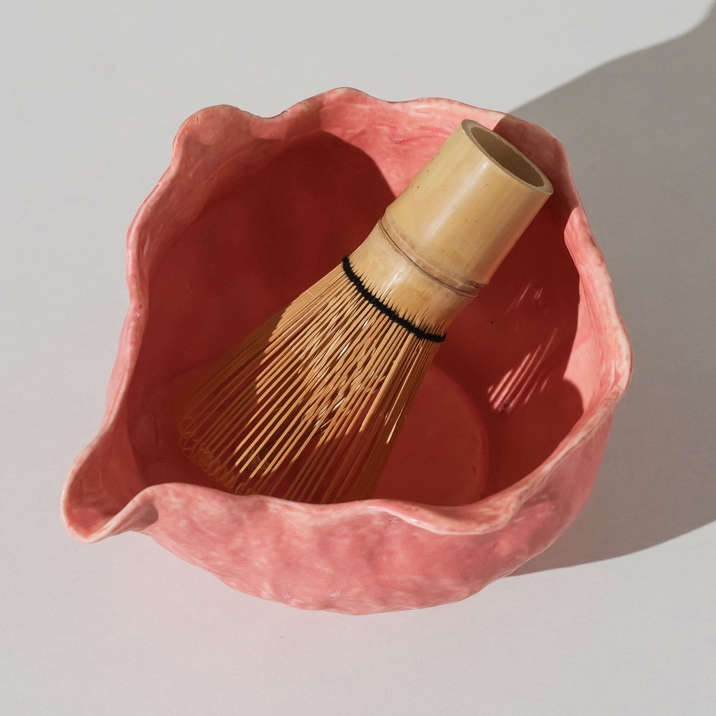 Handmade Watermelon Pink Matte Chawan & Organic Whisk Holder - Wabi-Sabi Japanese Ceramic - Zen Tea Ceremony Gift