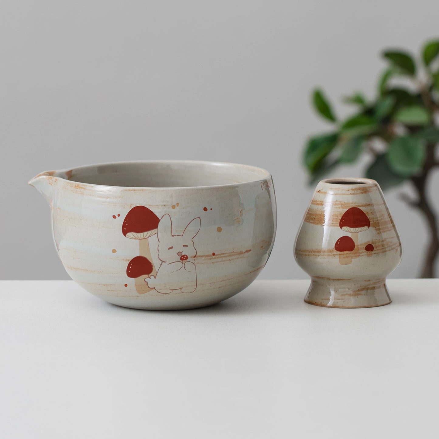 Bunny Mushroom Ceramic Matcha Set with Bowl and Chasen Holder