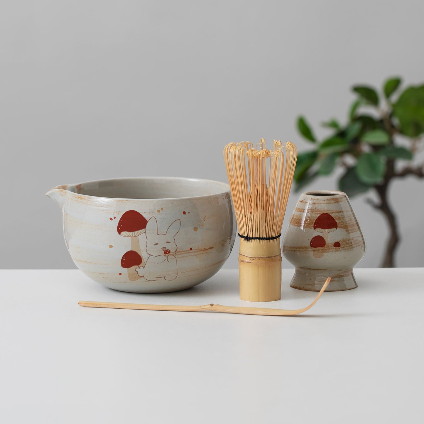 Bunny Mushroom Ceramic Matcha Set with Bowl and Chasen Holder