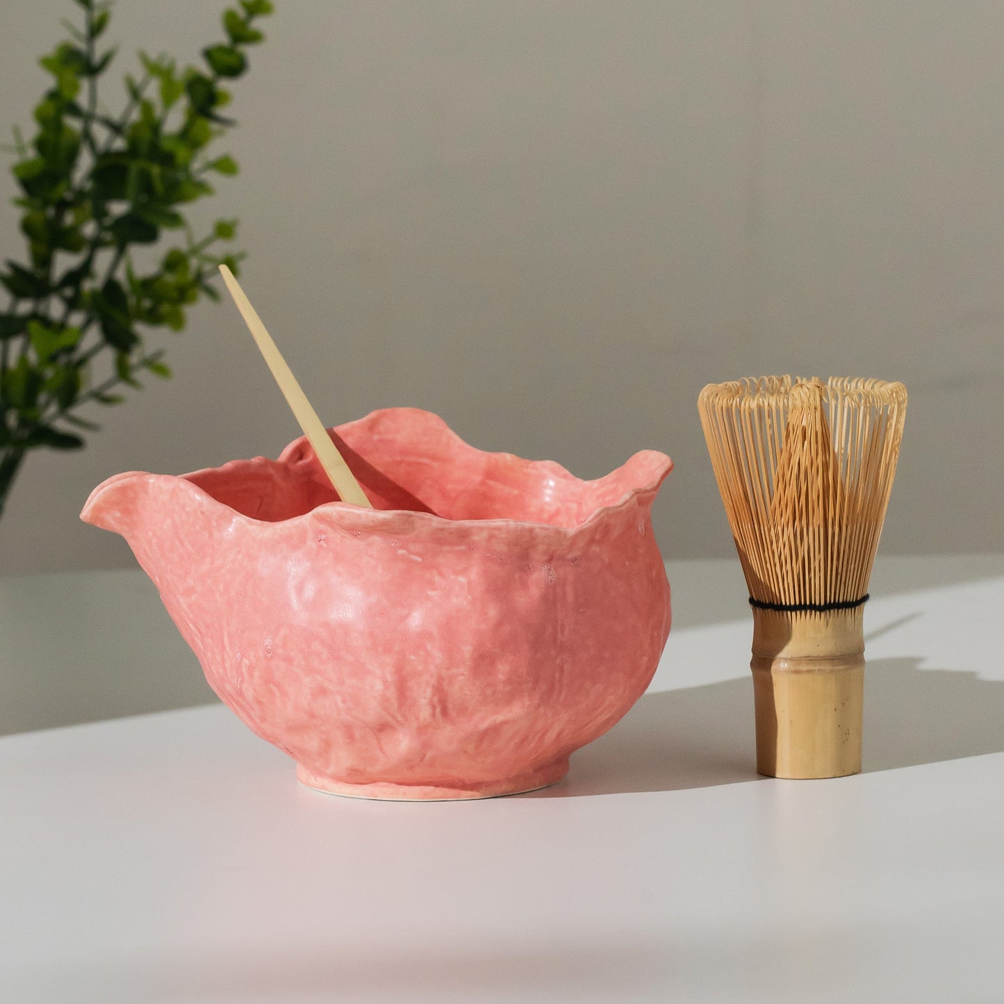Handmade Watermelon Pink Matte Chawan & Organic Whisk Holder - Wabi-Sabi Japanese Ceramic - Zen Tea Ceremony Gift