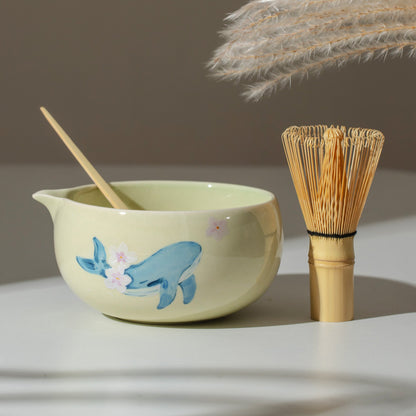 Hand Painted Whale and Cherry blossom Matcha Gift Set Sakura Matcha Bowl with Chasen Holder Perfect Gift for Matcha Lovers