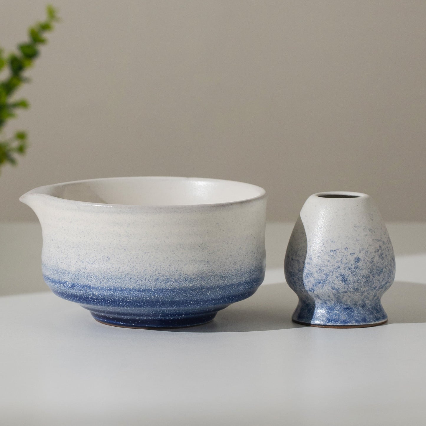 Handmade Ceramic Glacial Sea Matcha Bowl with Chashen Holder, Blue Matcha Gift Set of 4 Gift Ideas
