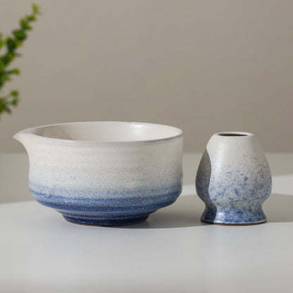 Handmade Ceramic Glacial Sea Matcha Bowl with Chashen Holder, Blue Matcha Gift Set of 4 Gift Ideas