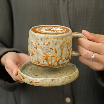Hand Drawn Vintage Ceramic Coffee Cup with Plate