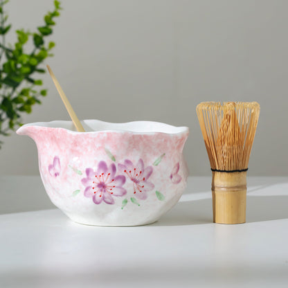 Handmade Irregular Gradient Pink and White Matcha Bowl Hand Painted Sakura Matcha Kit Purple Cherry Blossom Tea Ceremony