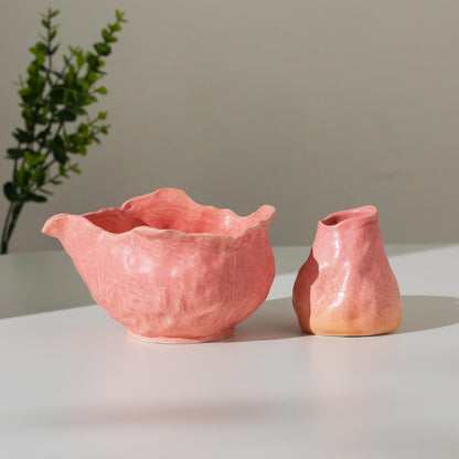 Handmade Watermelon Pink Matte Chawan & Organic Whisk Holder - Wabi-Sabi Japanese Ceramic - Zen Tea Ceremony Gift