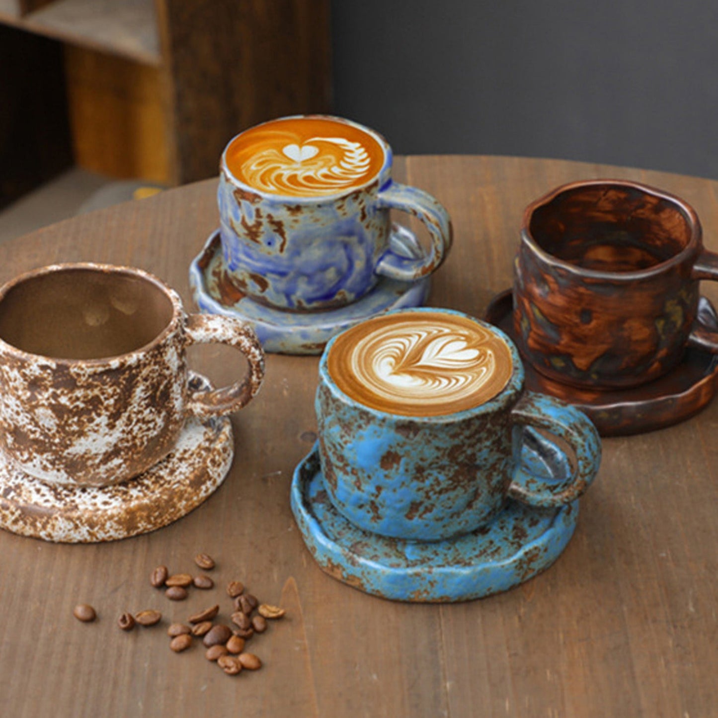 Hand Drawn Vintage Ceramic Coffee Cup with Plate