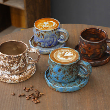Hand Drawn Vintage Ceramic Coffee Cup with Plate
