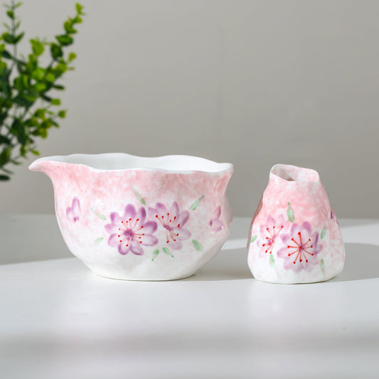 Handmade Irregular Gradient Pink and White Matcha Bowl Hand Painted Sakura Matcha Kit Purple Cherry Blossom Tea Ceremony