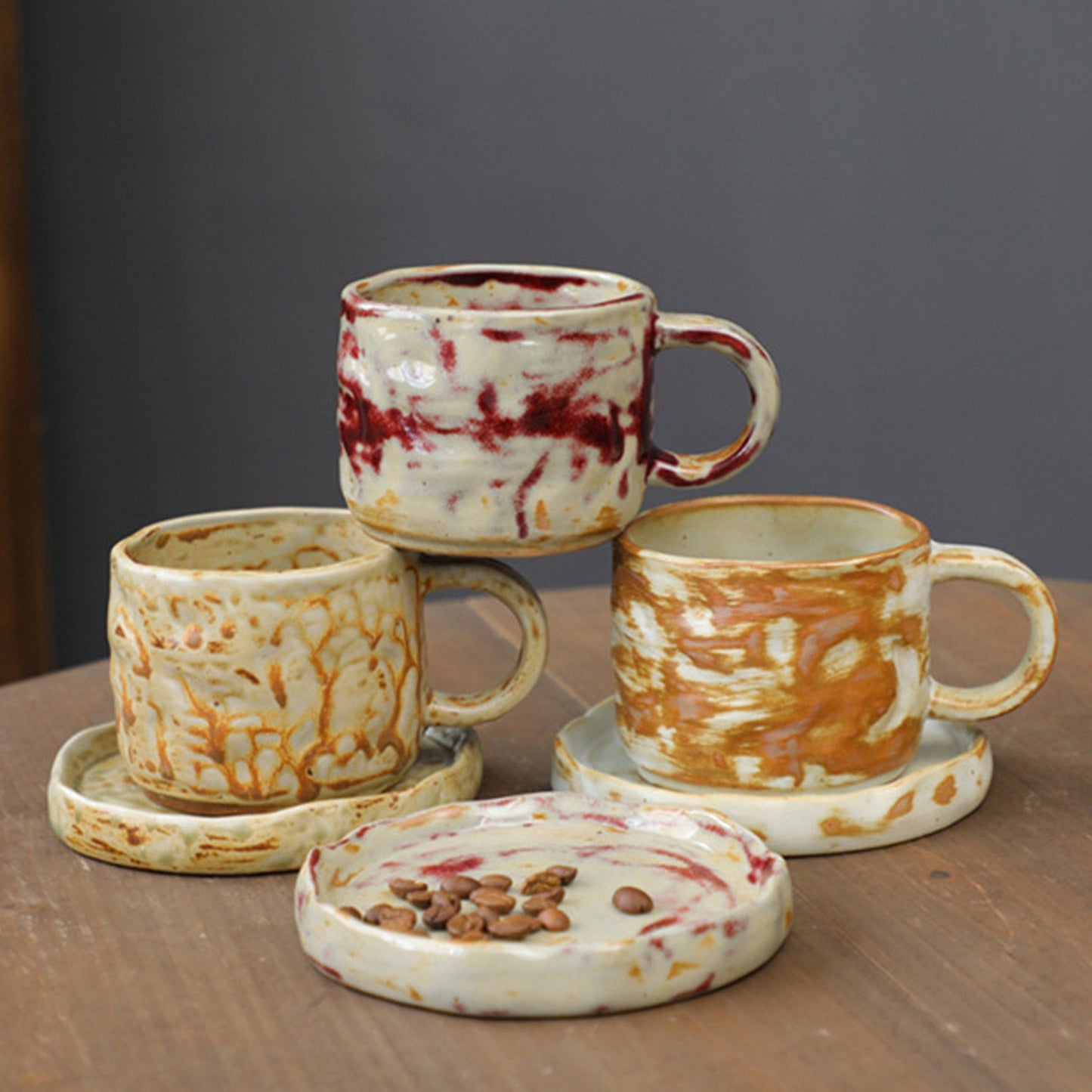 Hand Drawn Vintage Ceramic Coffee Cup with Plate