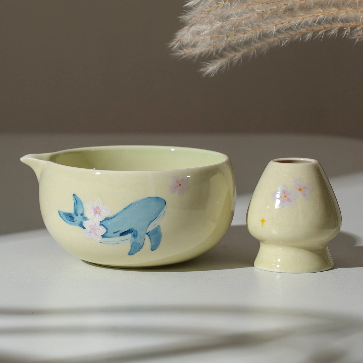 Hand Painted Whale and Cherry blossom Matcha Gift Set Sakura Matcha Bowl with Chasen Holder Perfect Gift for Matcha Lovers