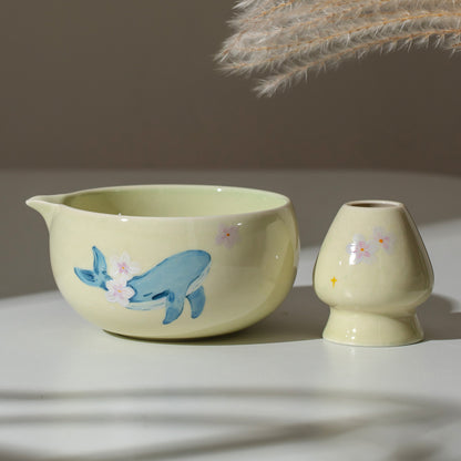 Hand Painted Whale and Cherry blossom Matcha Gift Set Sakura Matcha Bowl with Chasen Holder Perfect Gift for Matcha Lovers