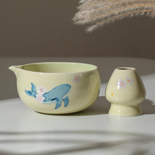 Hand Painted Whale and Cherry blossom Matcha Gift Set Sakura Matcha Bowl with Chasen Holder Perfect Gift for Matcha Lovers