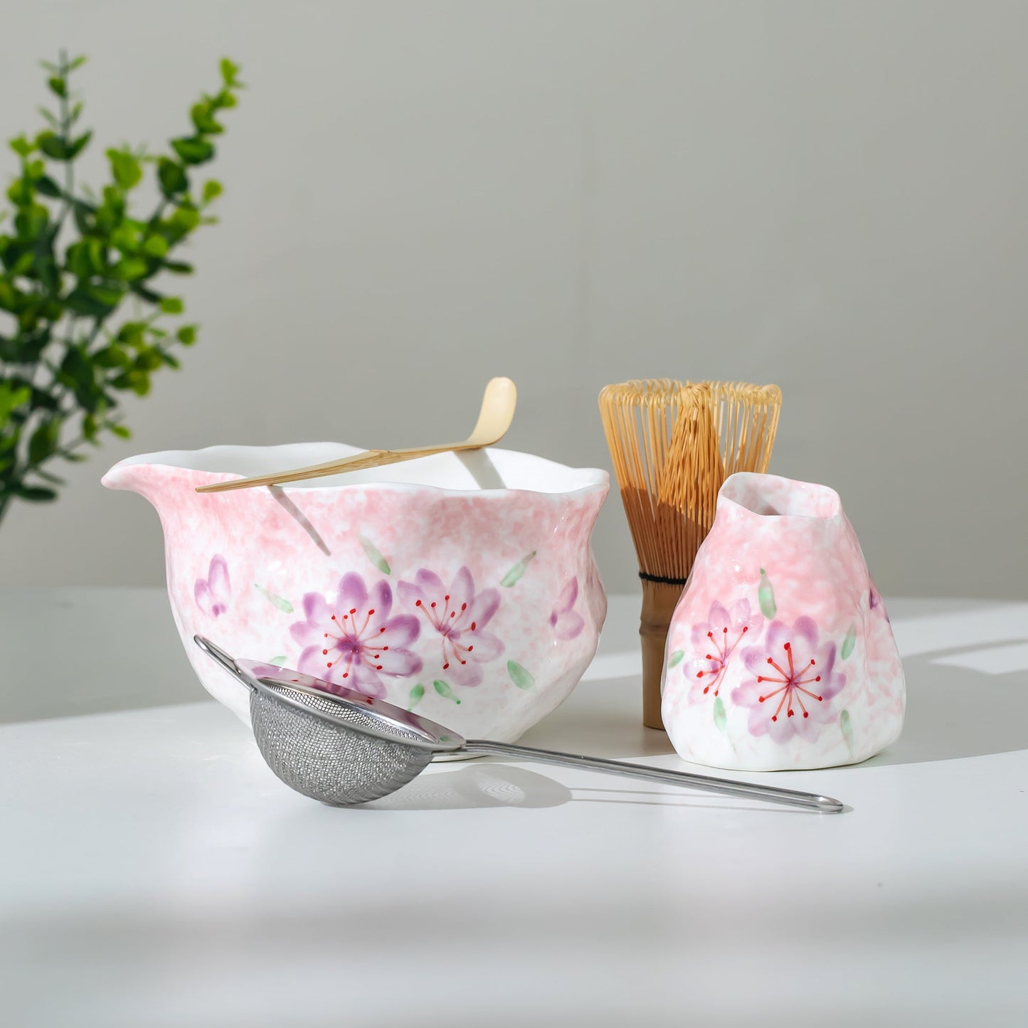 Handmade Irregular Gradient Pink and White Matcha Bowl Hand Painted Sakura Matcha Kit Purple Cherry Blossom Tea Ceremony