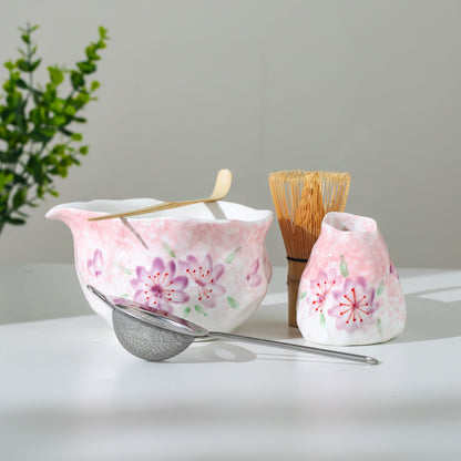 Handmade Irregular Gradient Pink and White Matcha Bowl Hand Painted Sakura Matcha Kit Purple Cherry Blossom Tea Ceremony