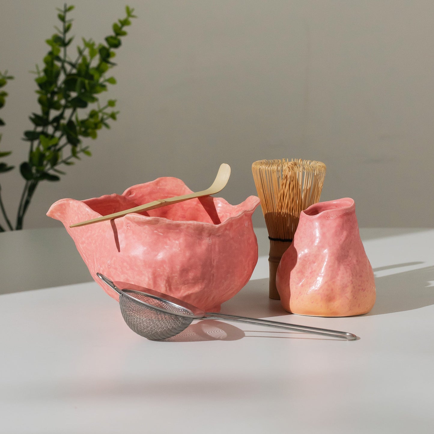 Handmade Watermelon Pink Matte Chawan & Organic Whisk Holder - Wabi-Sabi Japanese Ceramic - Zen Tea Ceremony Gift