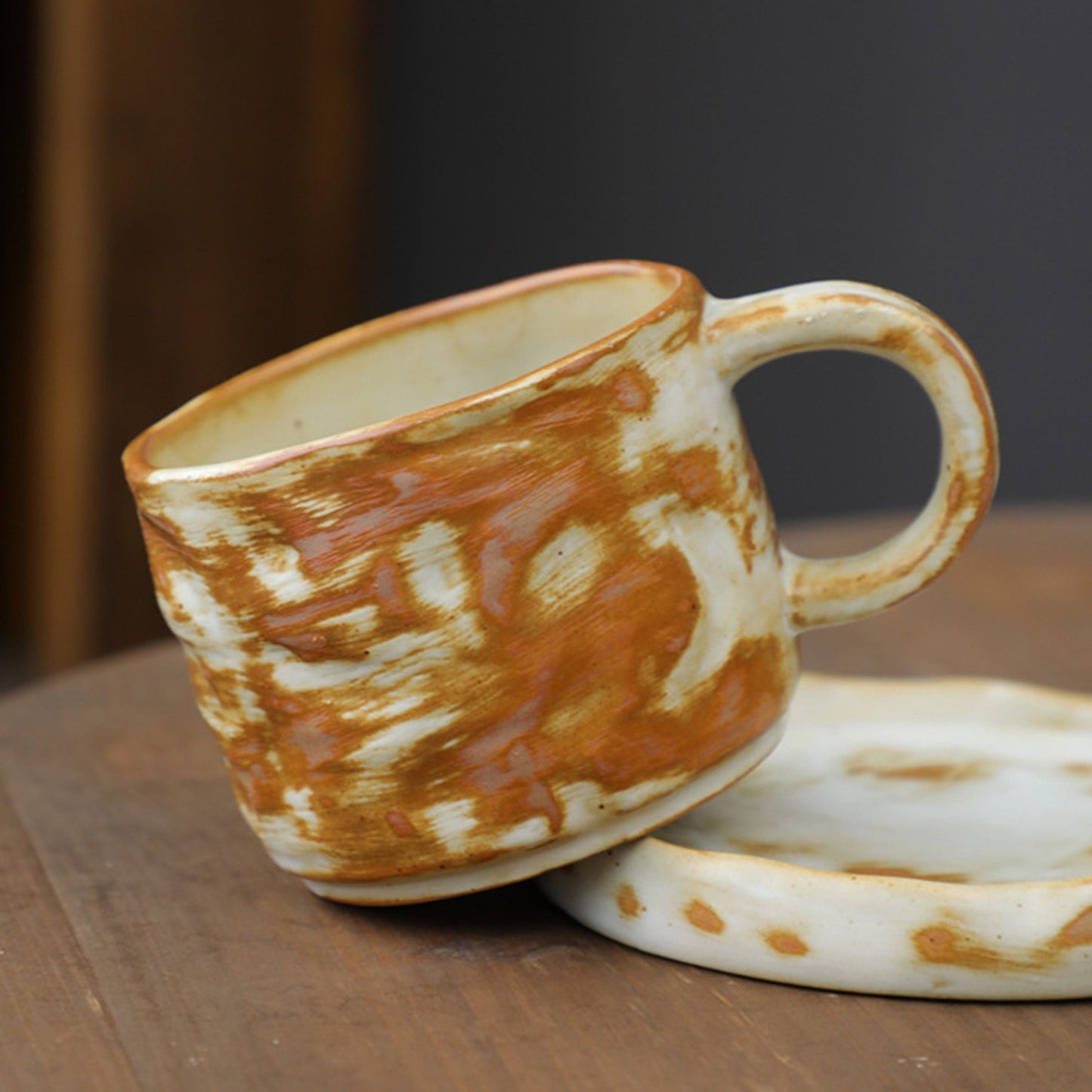 Hand Drawn Vintage Ceramic Coffee Cup with Plate