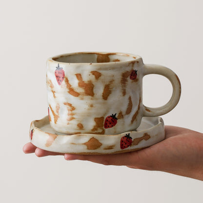Hand Painted Strawberry Ceramic Coffee Cup and Saucer
