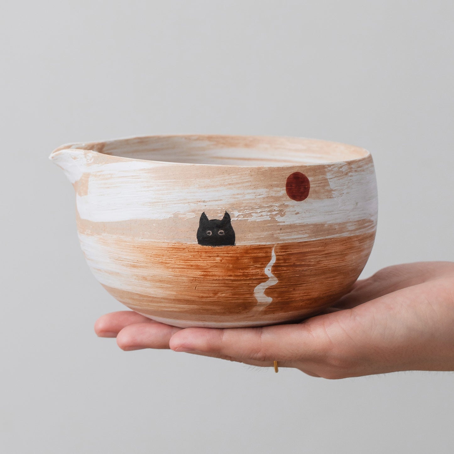 Black Cat Sunrise Ceramic Matcha Set with Bowl and Chasen Holder