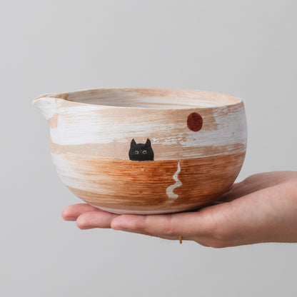 Black Cat Sunrise Ceramic Matcha Set with Bowl and Chasen Holder