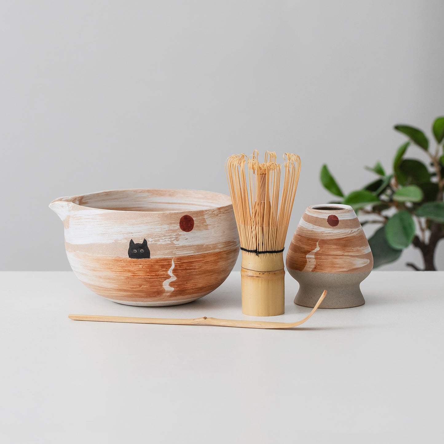 Black Cat Sunrise Ceramic Matcha Set with Bowl and Chasen Holder