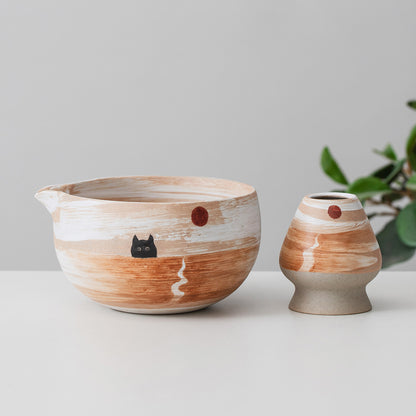 Black Cat Sunrise Ceramic Matcha Set with Bowl and Chasen Holder