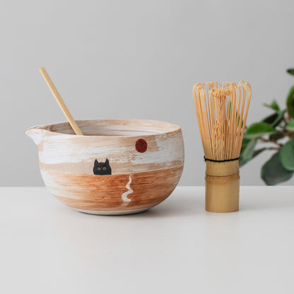 Black Cat Sunrise Ceramic Matcha Set with Bowl and Chasen Holder