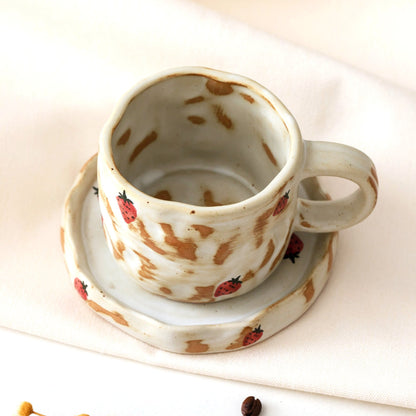 Hand Painted Strawberry Ceramic Coffee Cup and Saucer