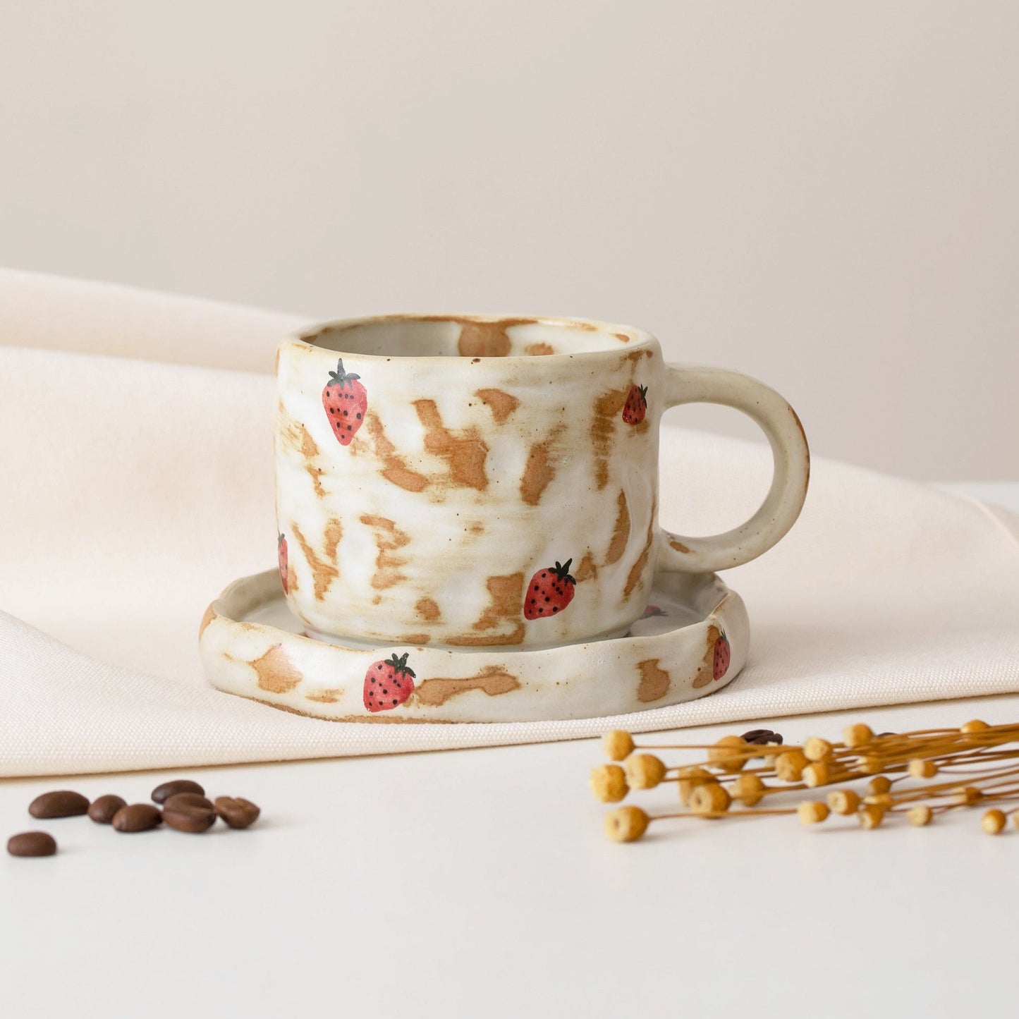 Hand Painted Strawberry Ceramic Coffee Cup and Saucer