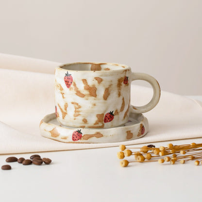 Hand Painted Strawberry Ceramic Coffee Cup and Saucer