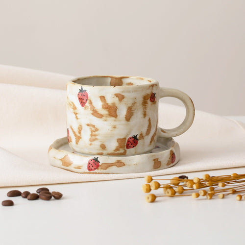 Hand Painted Strawberry Ceramic Coffee Cup and Saucer