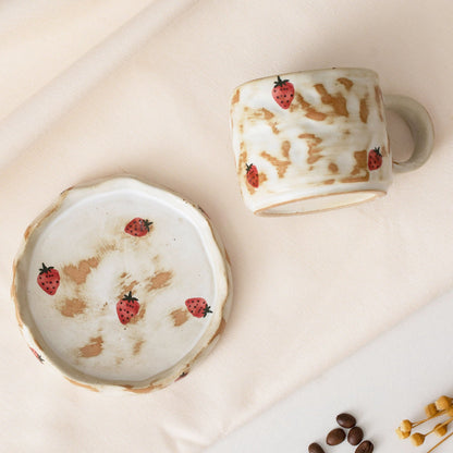 Hand Painted Strawberry Ceramic Coffee Cup and Saucer