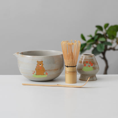 Bear Ceramic Matcha Set with Bowl and Chasen Holder