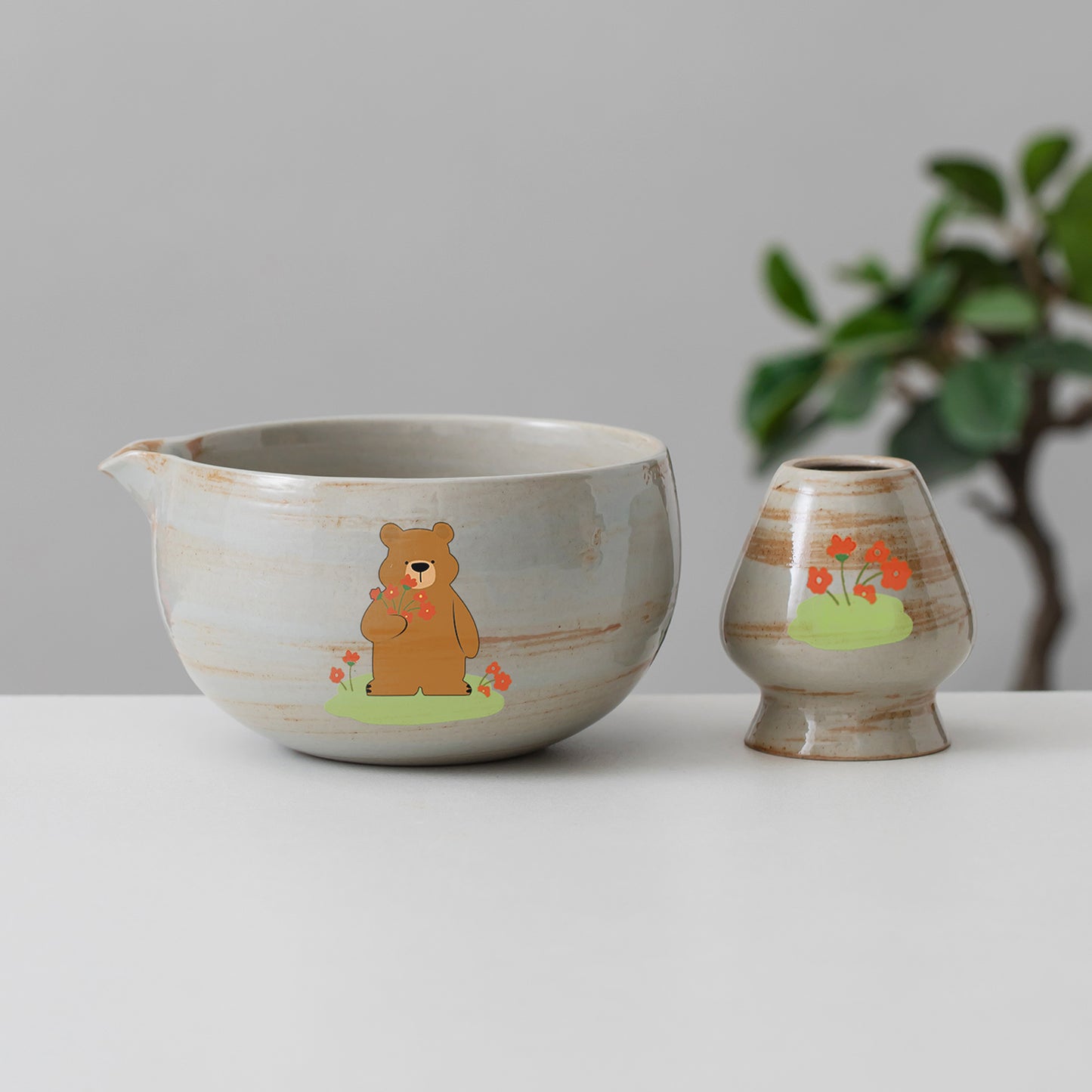 Bear Ceramic Matcha Set with Bowl and Chasen Holder