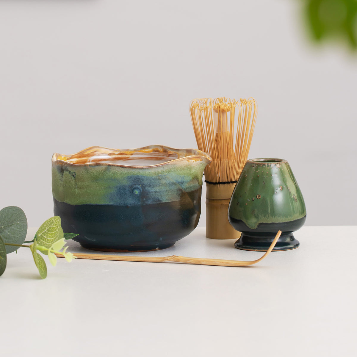 Luuyaa hand-painted matcha ceramics in a quiet home setting