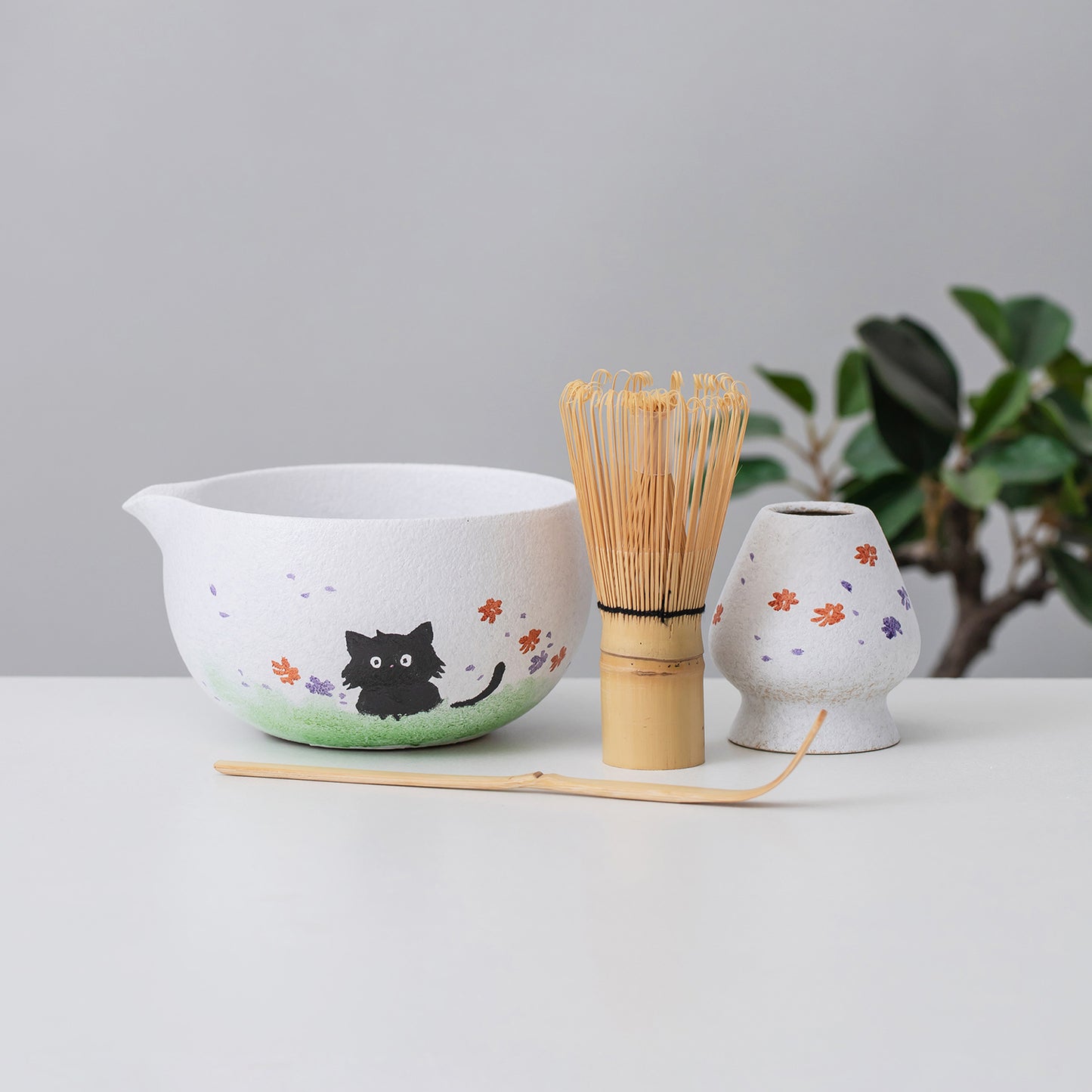 Black Cat Ceramic Matcha Set with Bowl and Chasen Holder