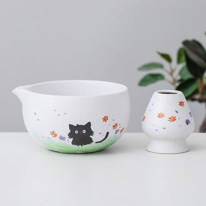 Black Cat Ceramic Matcha Set with Bowl and Chasen Holder