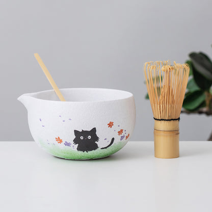 Black Cat Ceramic Matcha Set with Bowl and Chasen Holder
