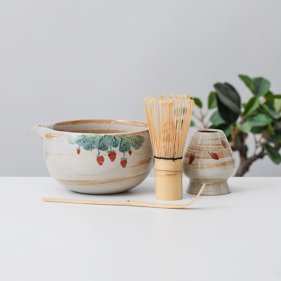 Strawberry Ceramic Matcha Set with Bowl and Chasen Holder