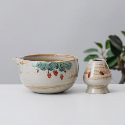 Strawberry Ceramic Matcha Set with Bowl and Chasen Holder