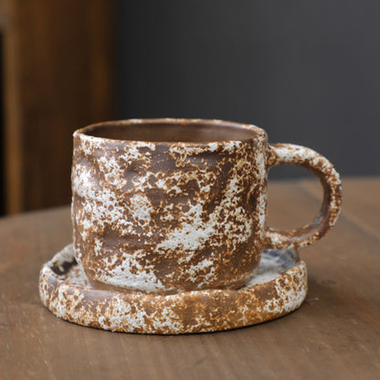 Hand Drawn Vintage Ceramic Coffee Cup with Plate